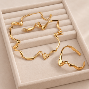 Komplet biżuterii Velora Wave gold Rzeźbiarski pokryty 14K złotem – zdjęcie 2