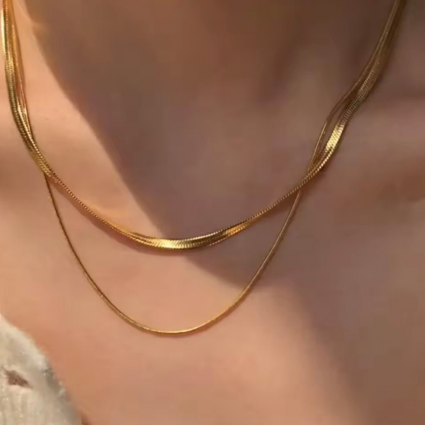 Naszyjnik SERPENTINA DUO GOLD podwójny łańcuszek żmijka ze stali chirurgicznej pozłacanie 18K – zdjęcie 2